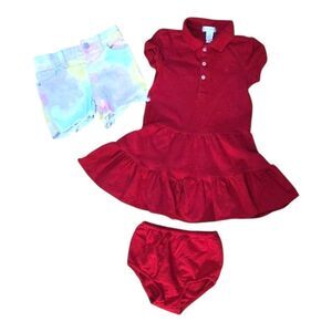 Ralph Lauren Red Dress With Diaper Cover And Tie Dye Shorts Size 24 Months